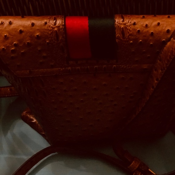 Ostrich look Brown Gucci Stripe Purse w Pearl Bee - Picture 2 of 3